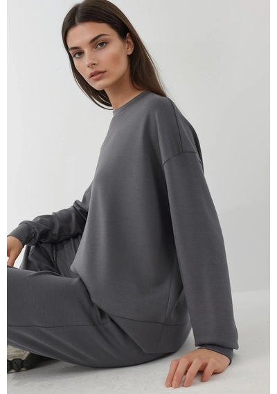 Hiccup Modal Touch Basic Sweatshirt & Geniş Paça Pantolon İkili Takım Koyu Gri