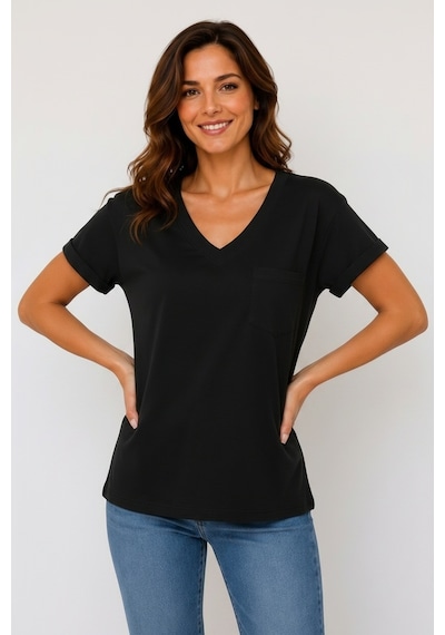 Lyvean V Yaka Cepli Oversize Tshırt Siyah