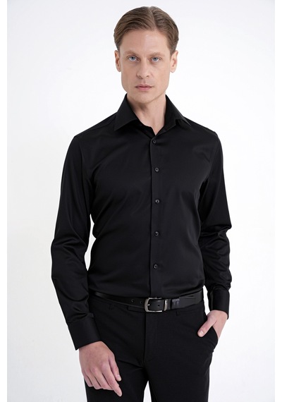 Slim Fit İtalyan Yaka %100 Pamuk Saten Düz Siyah Gömlek Gk 759