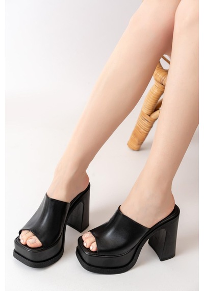 Asmi Shoes Kadın Geniş Bantlı 12cm Ortapedik Platform Terlik Siyah Siyah