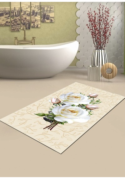 Beyaz Gül 70X120 Cm Kaymaz, Dökülmez, Pamuk Taban Banyo Halısı Çok Renkli