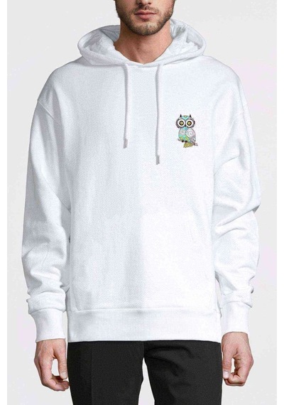 Owl Cushion Baykuş Göğüs Baskılı Beyaz Erkek Kapşonlu Sweatshirt