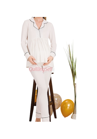 Quilling Lady Ekru Renkli, Kol Ve Paçaları Manşetli, 33202 Uzun Kol, 2 Parça Lohusa Hamile Pijama Takımı M - L