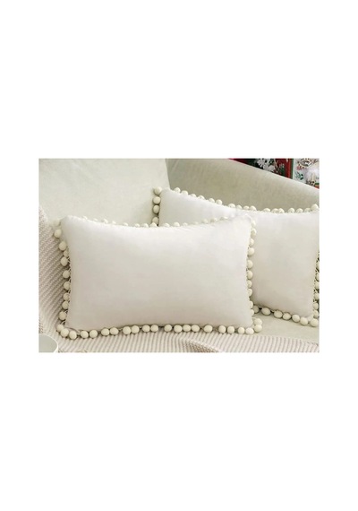 Ponponlu Dekoratif Kırlent Kılıfı 2 Adet 50x50 Cm Krem