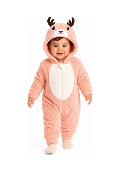 Tatlı Geyik Desenli Welsoft Bebek Tulumu Kapüşonlu Peluş Fermuarlı Kışlık Unisex Bebek Tulumu Somon