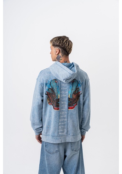 Respire Erkek Snake Baskılı Yıkamalı Kapüşonlu Oversize Hoodie Mavi