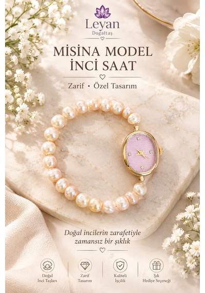 Misinа Model Doğal İnci Taşlı Saat Kadın Özel Tasarım Zarif Şık Bileklik Saat Pembe Pembe