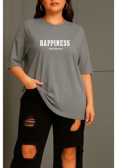 Büyük Beden Happıness Baskılı Unisex Tişört Gri