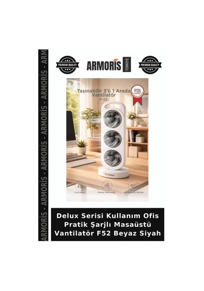 Delux Serisi Kullanım Ofis Pratik Şarjlı Masaüstü Vantilatör F52 Beyaz Siyah