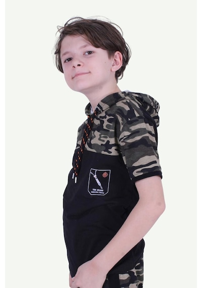 Panios Kids Kapşonlu Kamuflaj Desen Erkek Çocuk T-shirt Haki Yeşil