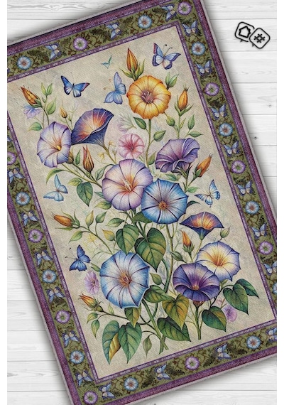 Homshtag Art Deco Gündüz Sefası Vintage Halı Görünümlü Dijital Baskı Renkli Halı Rustik Çiçekli Halı Çok Renkli