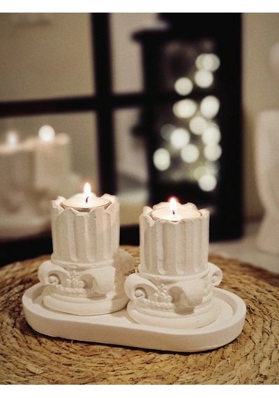 Tepside Dekoratif 2'li Yıkılmış Roma Sütunu Tealight Mumluk 8cm Ve 2 Adet Tealight Mum Hediyeli Beyaz