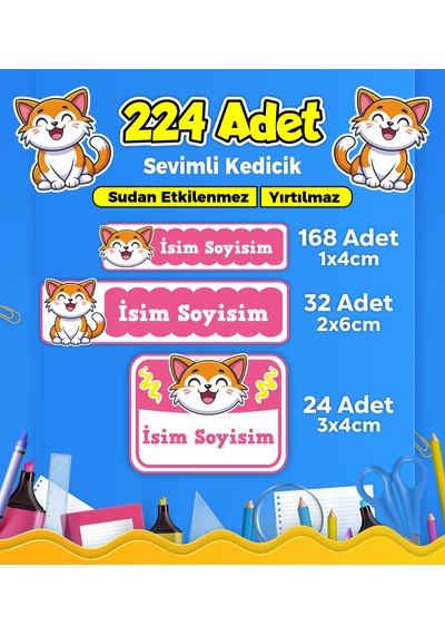 Sevimli Kedi Temalı Okul Kreş Kişiye Özel İsim Etiket Seti - Model 340 Çok Renkli