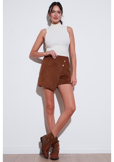 Lela Asimetrik Kışlık Scuba Süet Düğme Detaylı Slim Fit Bayan Şort Etek 5865968 Taba