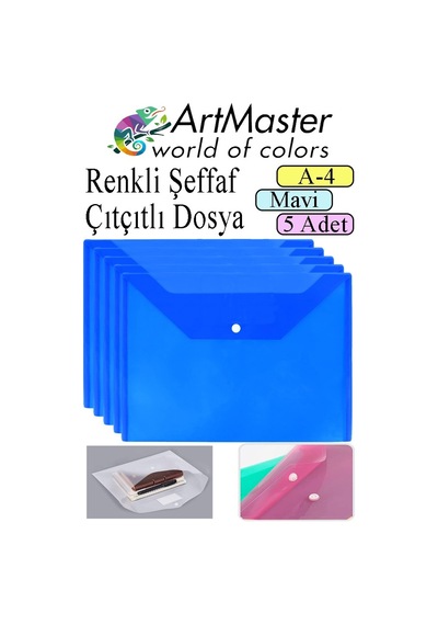 Mavi A4 Çıtçıtlı Dosya Şeffaf Renkli Zarf Dosya 5 Adet Çıt Çıtlı Dosya Su Geçirmez 100 Yaprak Kapasite Diğer