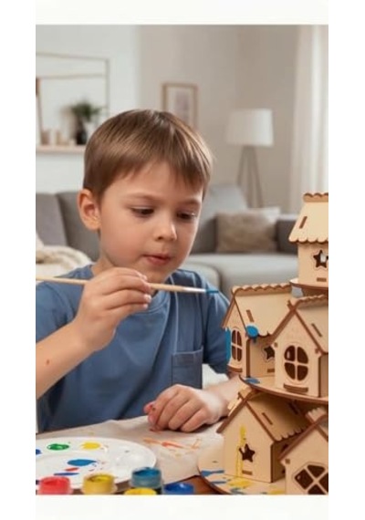 24 Parça Boyanabilir Mini Ahşap Ev Seti Eğitici Etkinlik Ve Dekor Oyunu Maket Ev Genel