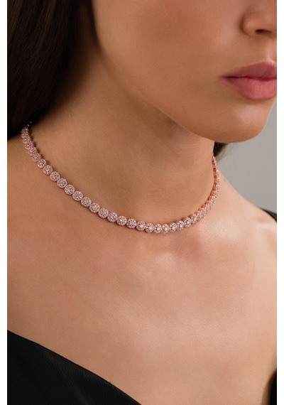 Gümüş Rose Gold Kaplama Beyaz Zirkon Taşlı Pırlanta Modeli Su Yolu Choker Tasma Kolye Rose