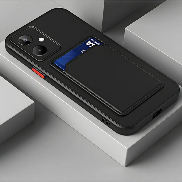 Fibaks Galaxy A06 Uyumlu Kılıf Kamera Korumalı Arkası Kartlıklı Cüzdanlı Kırmızı Tuşlu Siyah Silikon Kapak