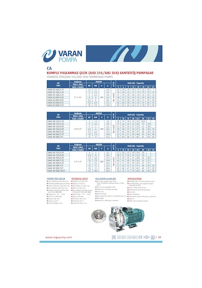 Varan Ca 50-32-200/3.0t Paslanmaz Santrifüj Pompa 4 Hp / 3 Kw, Trifaze 380 V, 38 Mss Aısı 304