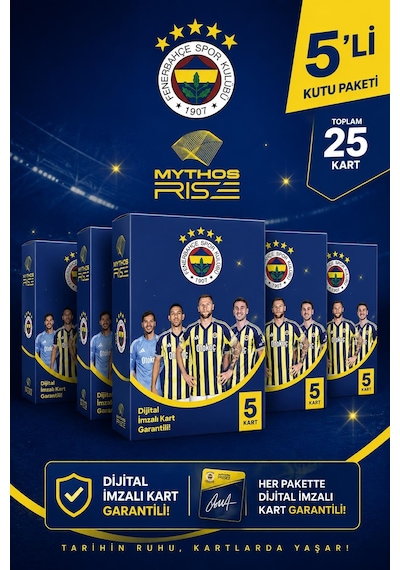 Mythos Rise Fenerbahçe Futbolcu Kartları 5'li Kutu Paketi 25 Kart Dijital İmzalı Kart Garantili
