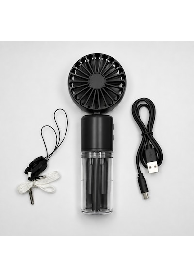 Mini Fan Şarjlı El Fanı Siyah Boyuna Asmalı Usb Type-c Şarjlı 4 Kademeli Taşınabilir Vantilatör Serinletici Fan