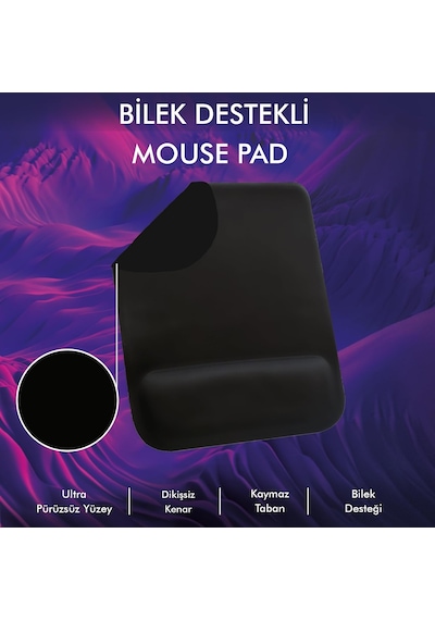 Mp02 - Dörtgen Bilek Destekli Mouse Pad Konfor, Kaymaz Taban, Ergonomik, Yumuşak, Ev,ofis Siyah