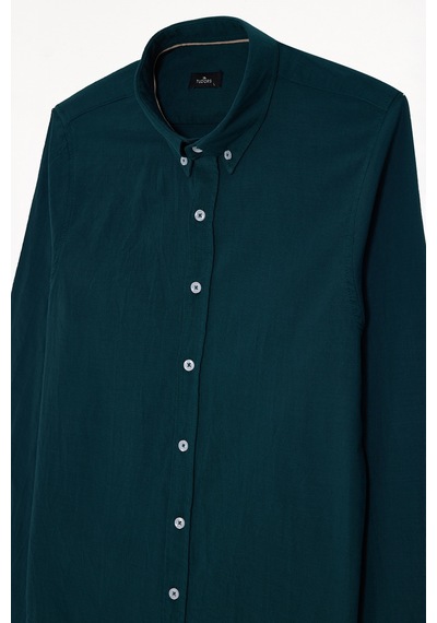 Tudors Erkek Slim Fit Dar Kesim %100 Pamuk Düğmeli Yaka Flam Keten Yeşil Gömlek-50271