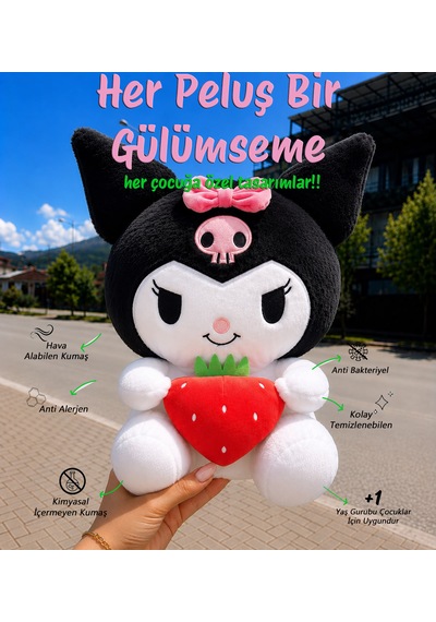 Yeni Seri Çilekli Kuromi Peluş Oyuncak 50cm - Hediyelik Oyuncak & Polly Toys Siyah