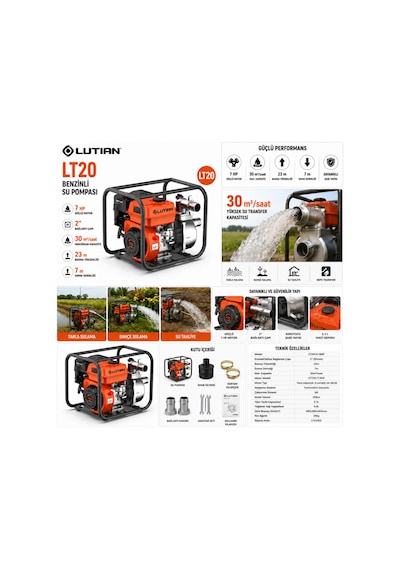 Lutian Lt20 Benzinli Su Motoru 2 İnç 7 Hp Su Pompası 30 Ton/saat