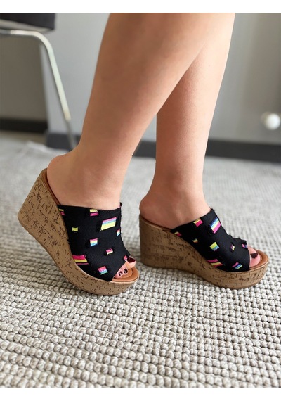 Asmi Shoes Kadın Limo Siyah Kot Dolgulu Mantar Taban Terlik 10 Cm Siyah