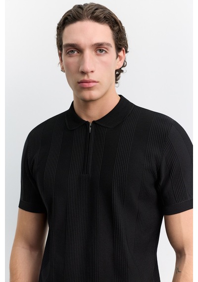 Avva Erkek Siyah Polo Yaka Fermuarlı Kolay Ütülenen Kırışmaz Regular Fit Triko T-shirt A62y5007
