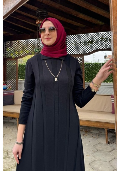Rabia Şamlı Biricik Kemerli Triko Elbise Siyah Normal