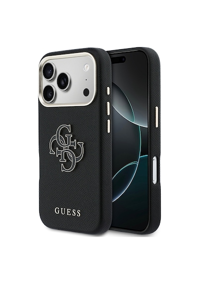 Apple Uyumlu iPhone 17 Pro Max Kılıf Guess Lisanslı 4g Büyük Metal Kamera Çerçeveli Pu Deri Resin Kapak Siyah