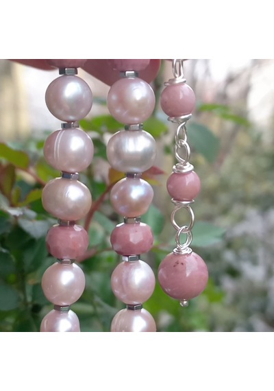 Sibelce 2686 Doğal Barok Ve Pembe İnci Rodonit Hematit Çelik Aparatlı El Yapımı Kolye Çok renkli