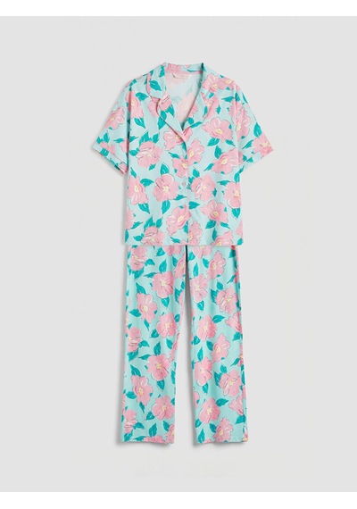 Lcw Dream Turkuaz Gömlek Yaka Çiçekli Kadın Pijama Takımı