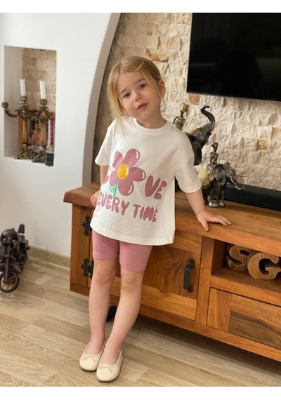 Jolly Kids Kız Çocuk Papatya Baskılı Fitilli Şortlu Takım Somon