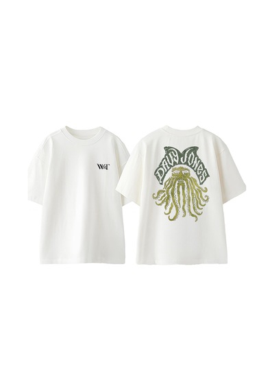Thewert Davy Jones Tasarım Sırt Baskılı Pamuk Beyaz Oversize T-shirt