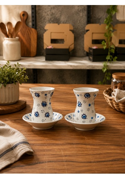 Nazar Boncuklu El İşçiliği 2li Çay Bardağı Takımı Beyaz