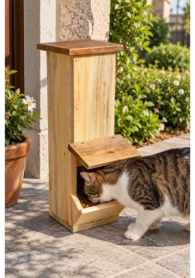 Reyo Narım Kedi Mama İstasyonu Ahşap Su Geçirmez İç Ve Dış Mekan Mama Standı 50x20x20 Cm