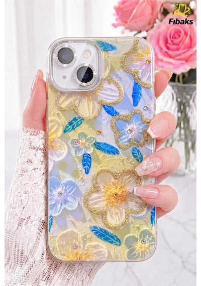 Fibaks iPhone 13/14 Uyumlu Kılıf Renk Geçişli Taşlı Kamera Lens Korumalı Simli Yeşil Çiçek Desenli Darbe Emici Kapak