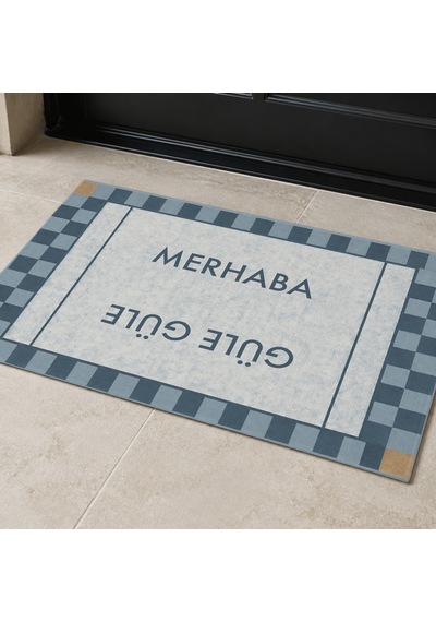 Kartela Halı Merhaba Güle Güle Damalı Kapı Paspası Mavi Kaymaz Kauçuk Taban Yıkanabilir 60x90 Cm