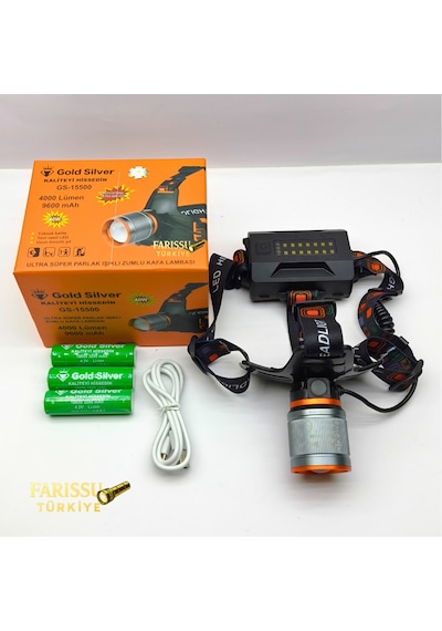 Gold Silver Gs-15500 Ultra Güçlü 4000 Lümen Zoomlu Kafa Lambası Yedek Pilli Profesyonel Set Siyah