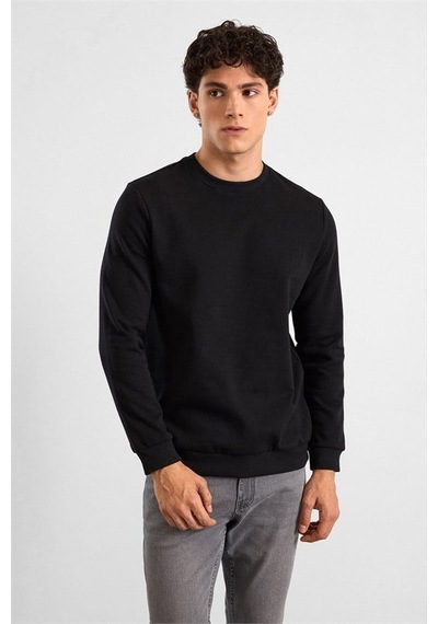 Süvari Siyah Regular Düz Baskısız 2 İplik Bisiklet Yaka Cepsiz Ribanalı Sweatshirt Sw2013700029-s09