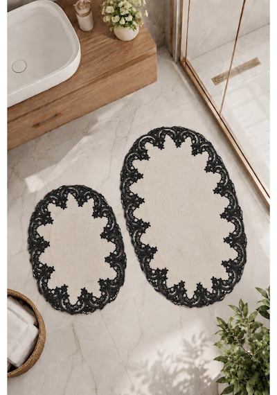Beyaz 2'li Dantelli Kaymaz Deri Tabanlı Oval Banyo Paspası Güpürlü Yıkanabilir Banyo Takımı Piera Vizon