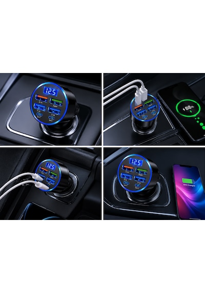 Hızlı Araç Çakmaklık Şarj Cihazı 6 Portlu 4 Usb + 2 Type-c Çıkışlı Dijital Göstergeli Oto Şarjı