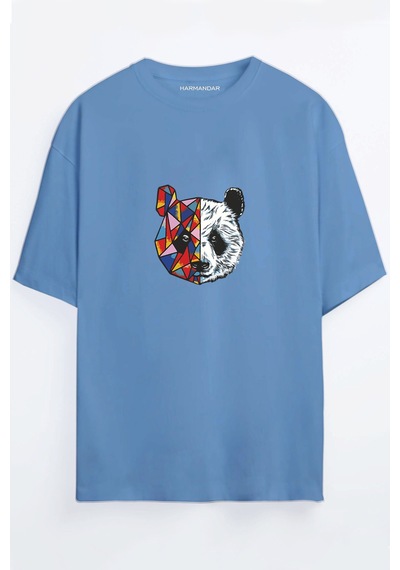 Renkli Panda Baskılı Bordo - Mavi Oversize T-shirt Mavi