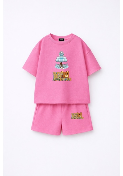 Fasardi Super Bear Adventure Süper Ayı Baskılı Oversize %100 Pamuk Kısa Kollu Unisex Çocuk T-shirt Pembe