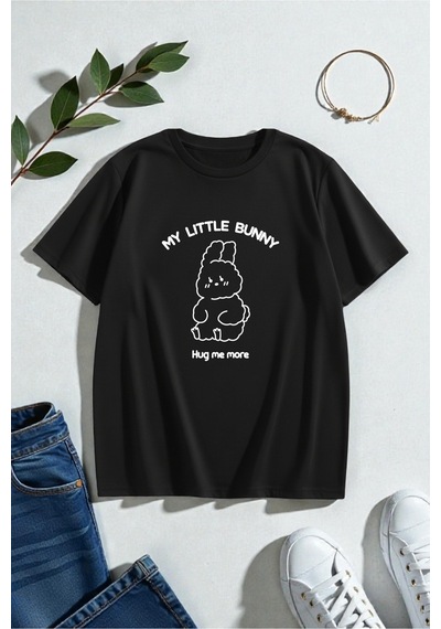 Uyguntarz Unisex Bunny Baskılı Tasarım Tshirt Siyah