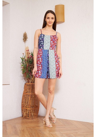 Bordo Desenli Patchwork Şort Tulum Dm4003 Mavi