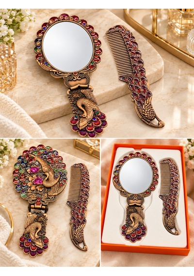 Aura Copper Tavus Kuşu Motifli Mineli El Aynası Ve Tarak Seti 2 Parça Ac-at-003-eskitme Bordo
